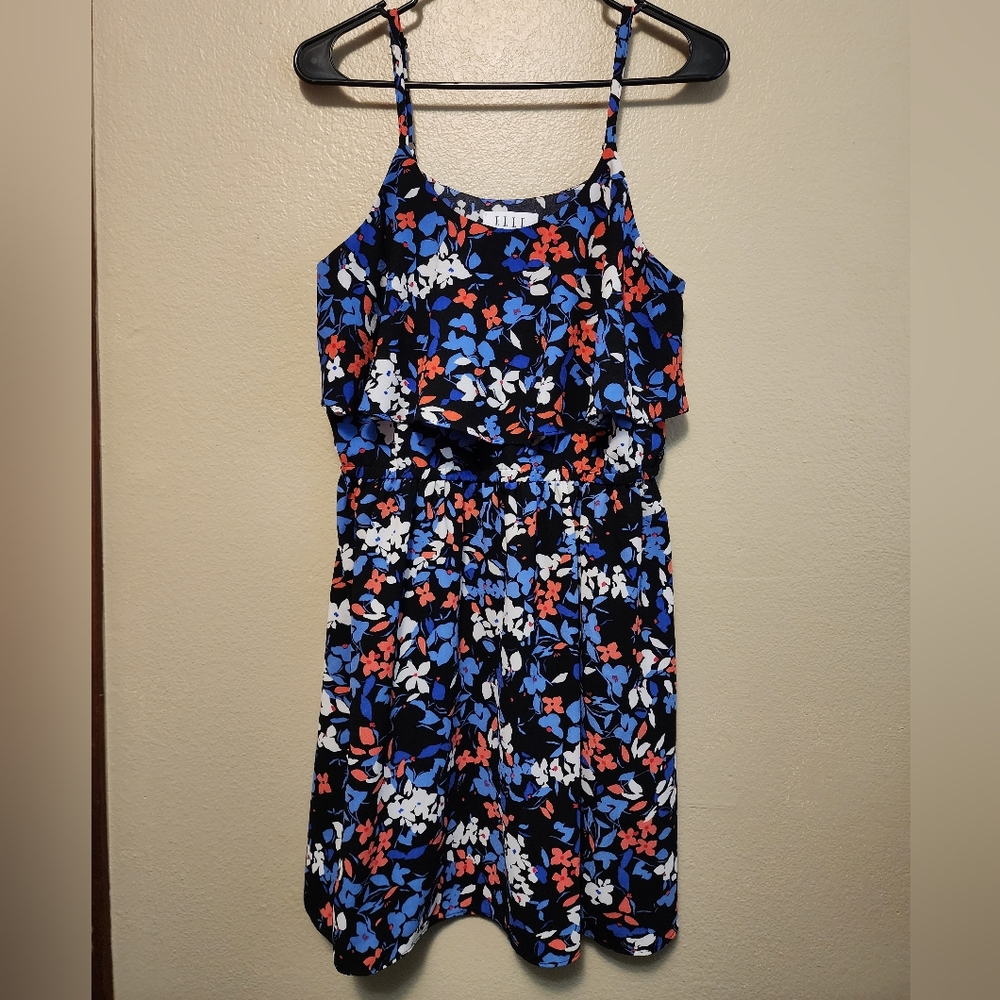 Blue and Orange Floral Spaghetti Flowy Layer Dress
